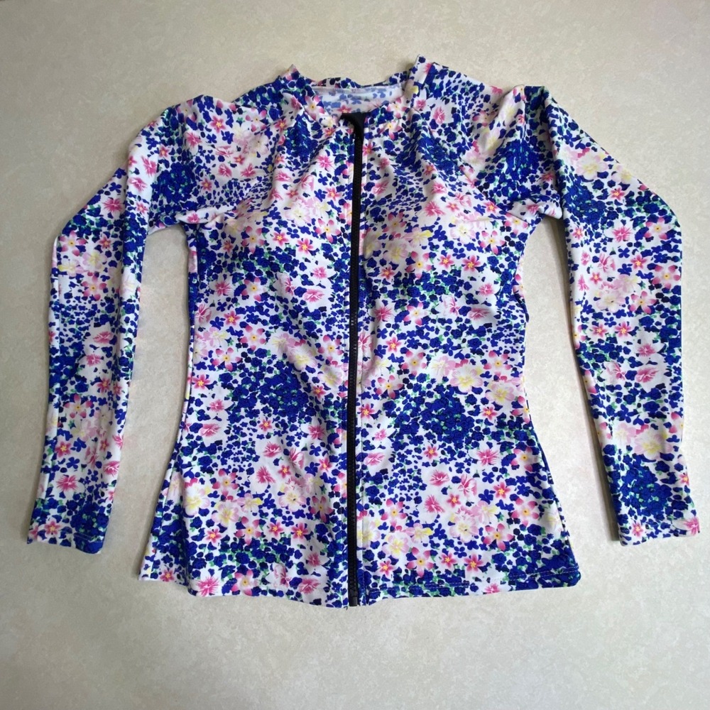 Womens Size M Rash Guard Long Sleeve Swim Shirt Floral Blue Pink Zip Front